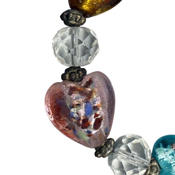 VTG Multicolor Glass Foil Crystal Beads Heart Bangle Bracelet Silver Tone - Picture 5 of 7